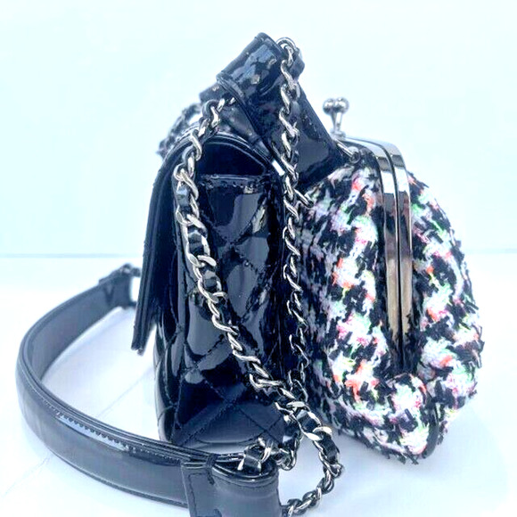 Rare Chanel Exclusive Edition Patent Black &Tweed Mini Kiss Lock Flap Double Bag - Picture 1 of 16